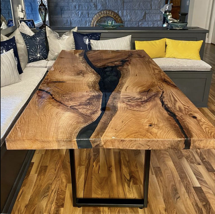 кухонный стол река в стиле лофт из слэба дуба и эпоксидной смолы размером  180х90см №34 с подстольем