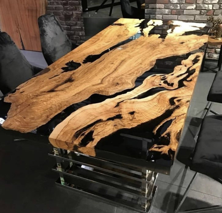 кухонный стол река в стиле лофт из слэба дуба и эпоксидной смолы размером  200х100см №28 с подстольем