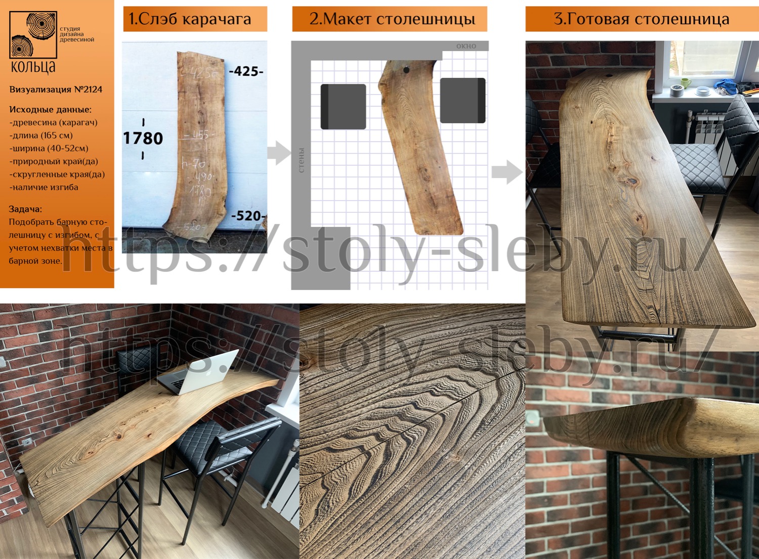 Инфографика: этапы разработки барной столешницы с изгибом из слэба карагача и подстольем - от студии Кольца